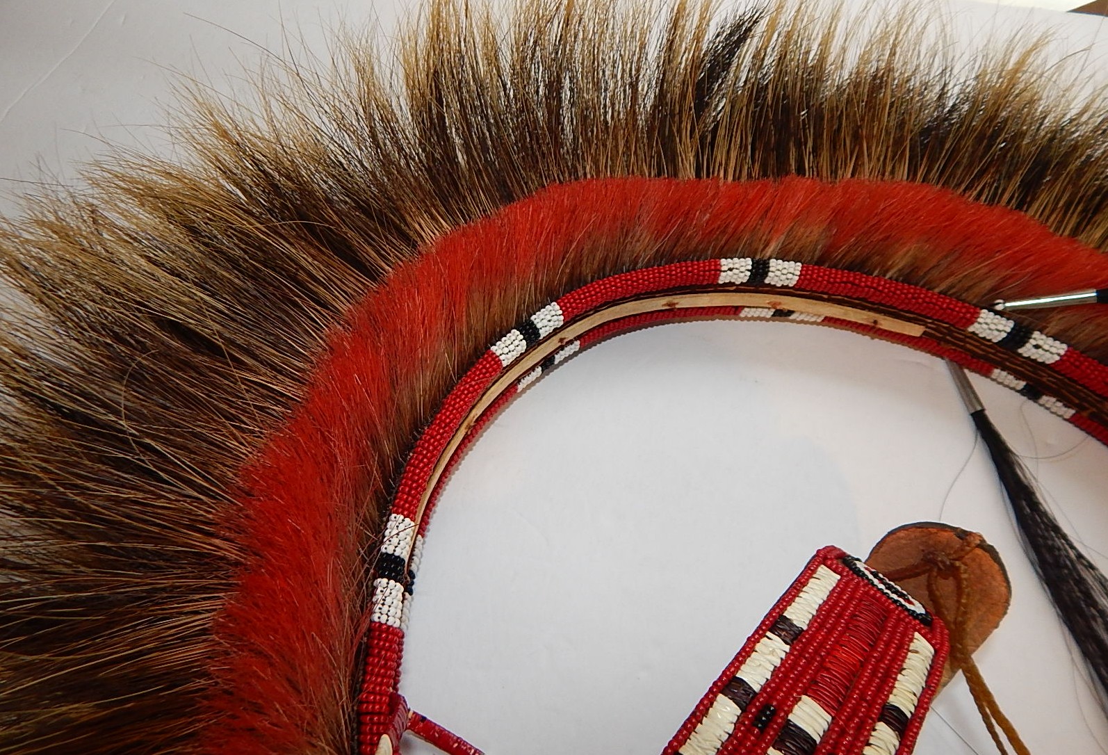 Native American Hair Roach with Beaded Headband, Feathers, Braided Leather