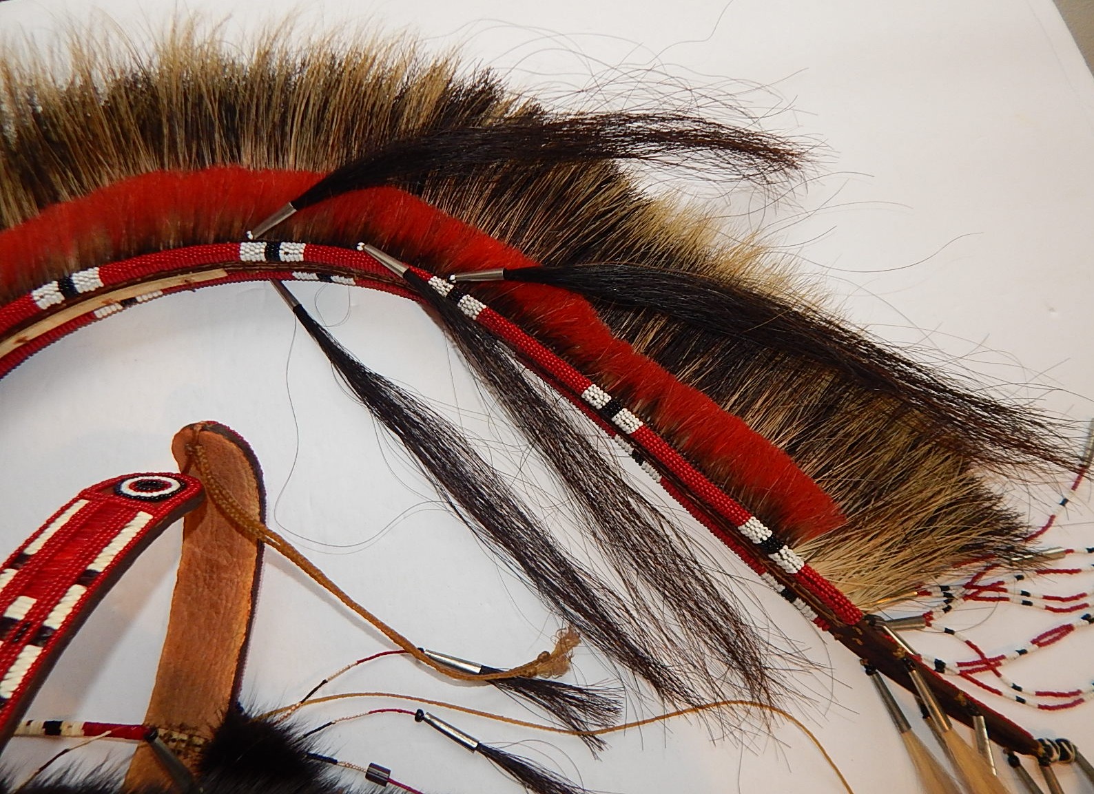 Native American Hair Roach with Beaded Headband, Feathers, Braided Leather