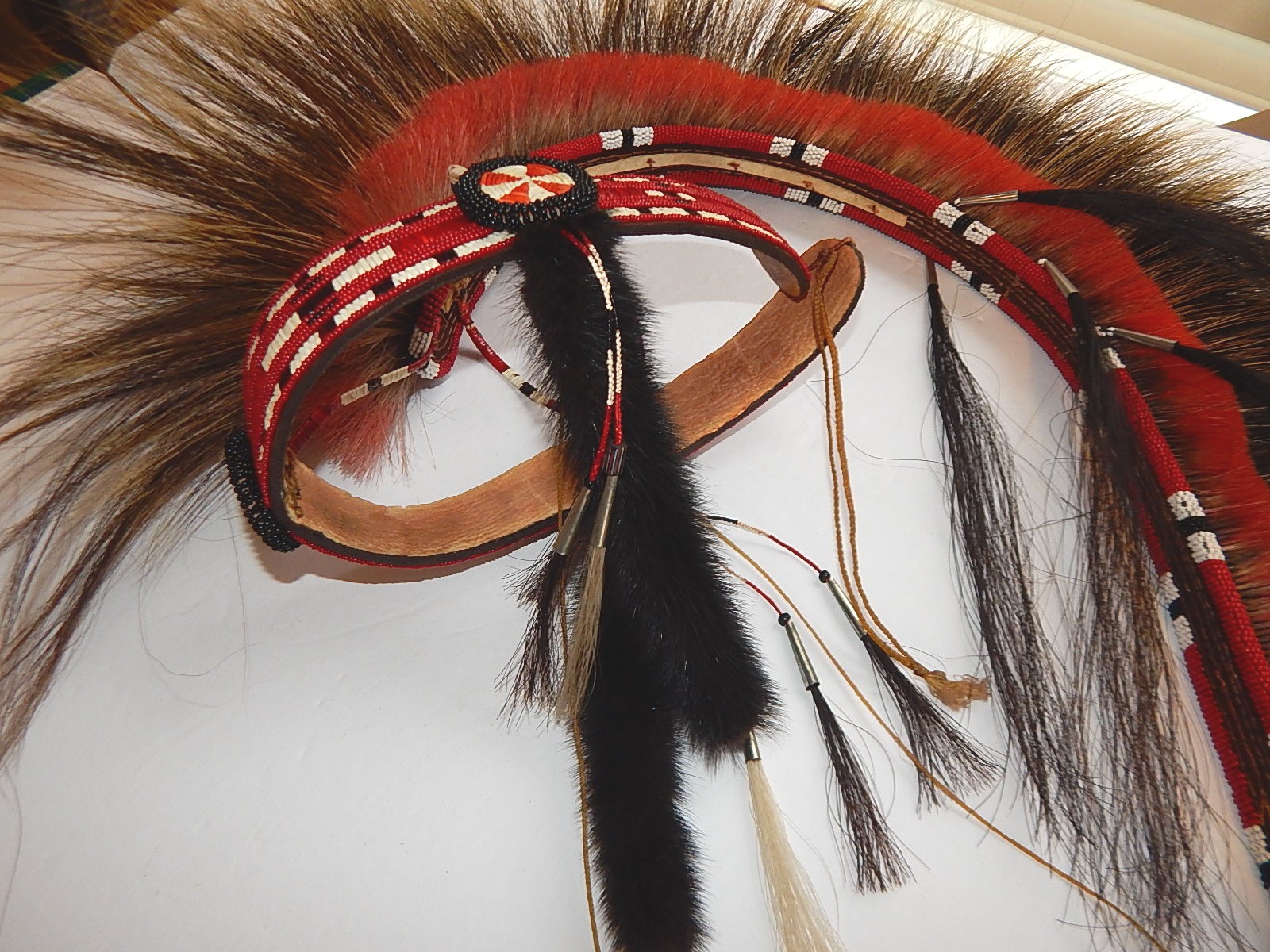 Native American Hair Roach with Beaded Headband, Feathers, Braided Leather