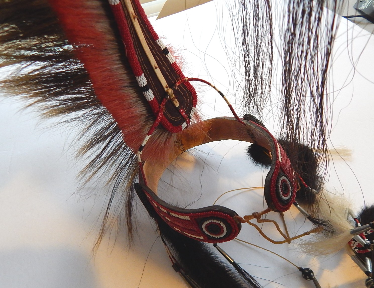 Native American Hair Roach with Beaded Headband, Feathers, Braided Leather
