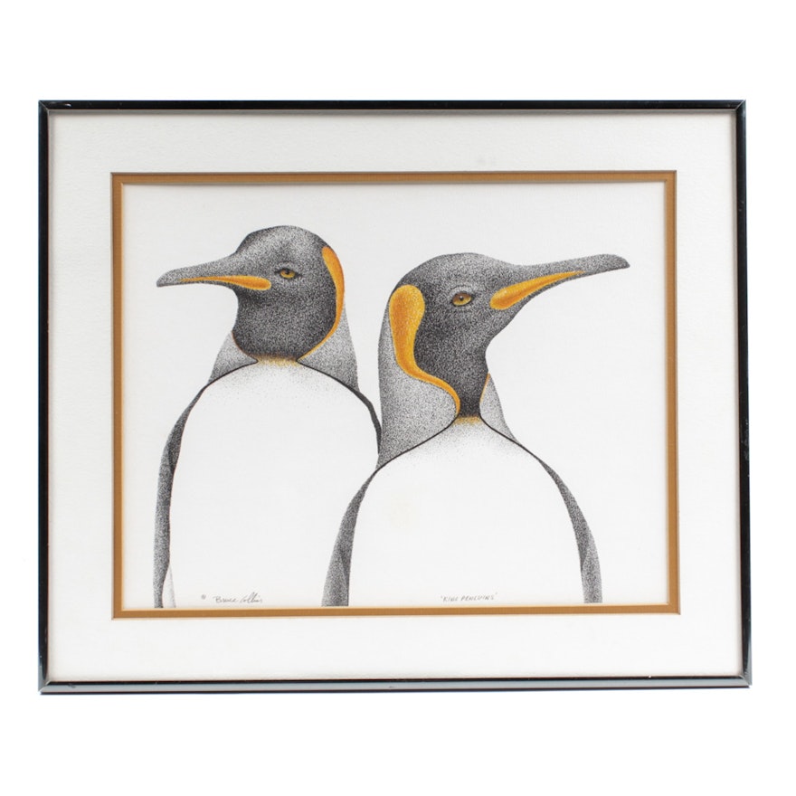 Bruce Collins Hand-Colored Etching "King Penguins"
