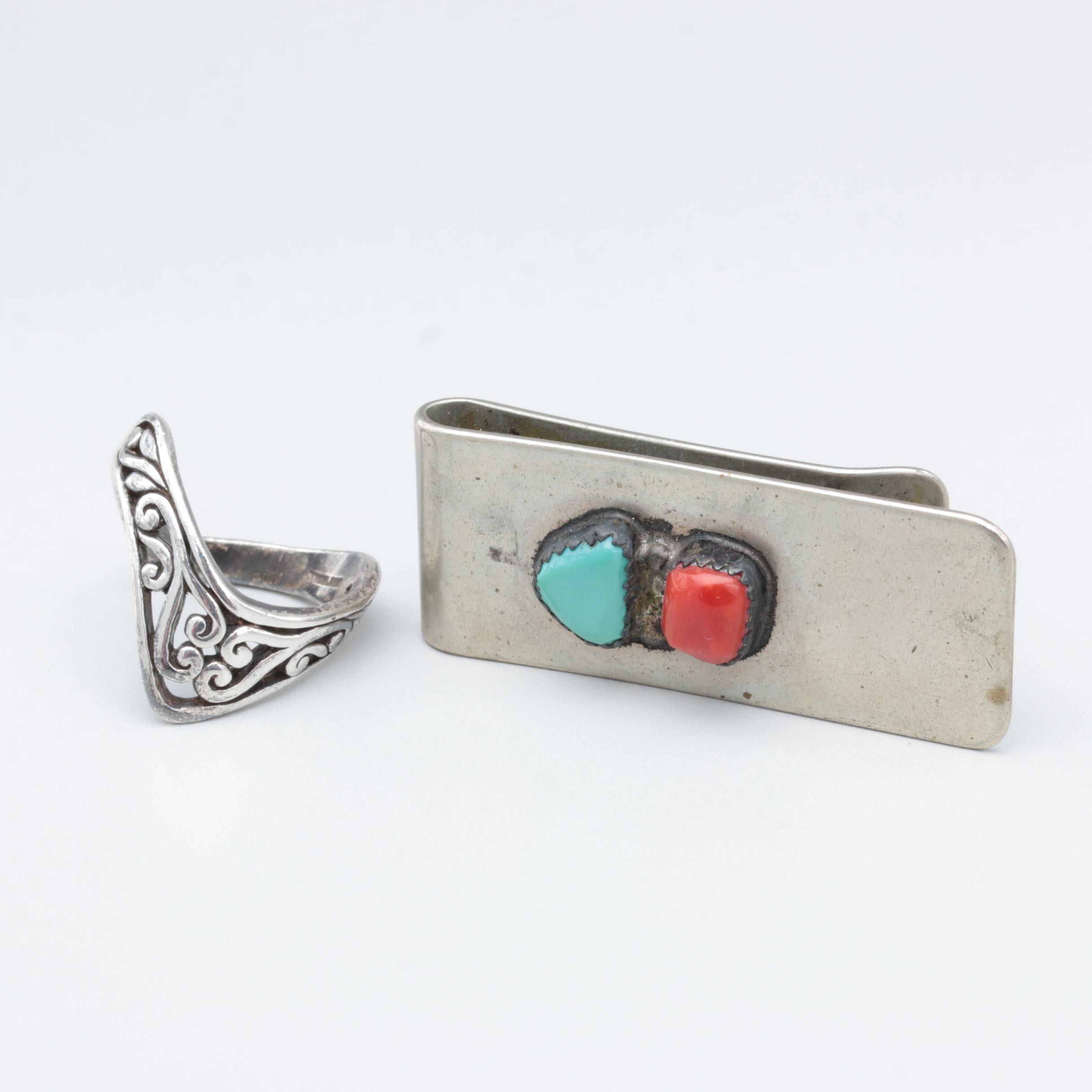 Sterling Silver Ring, Silver Tone Money Clip with Turquoise and Coral