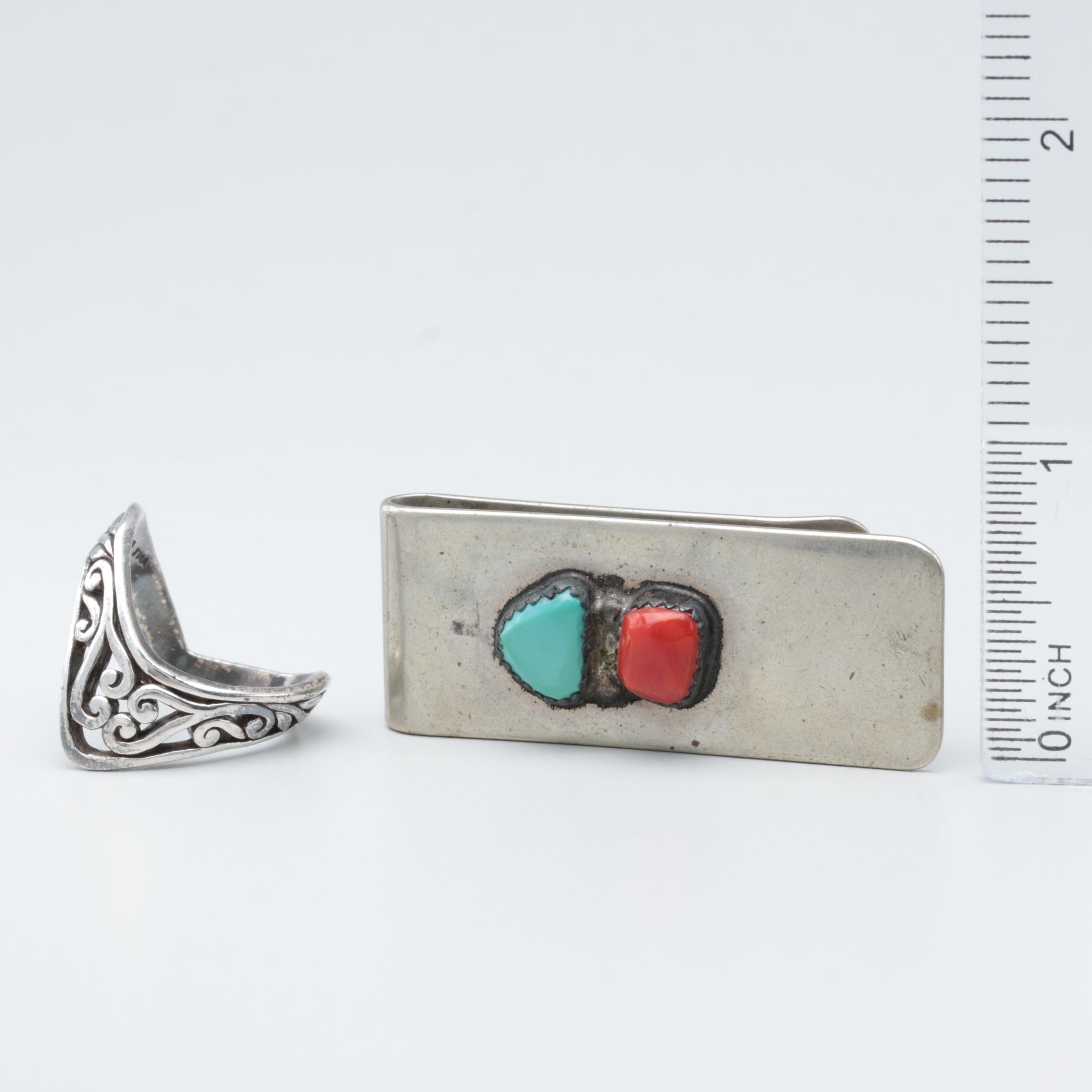 Sterling Silver Ring, Silver Tone Money Clip with Turquoise and Coral