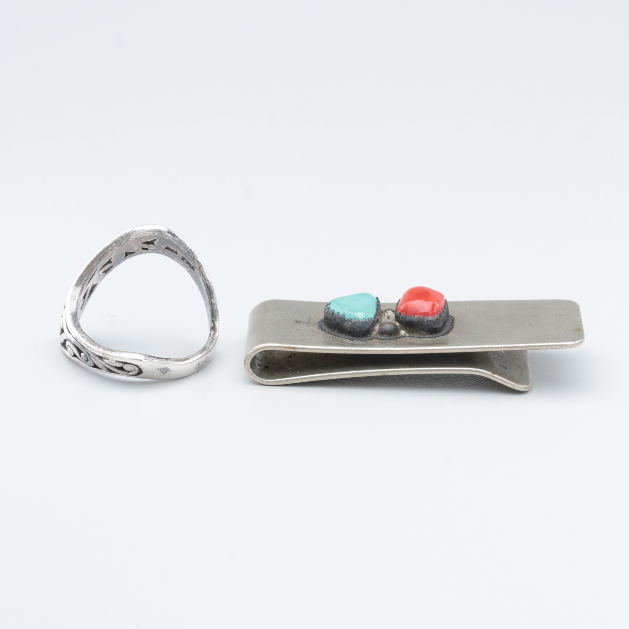 Sterling Silver Ring, Silver Tone Money Clip with Turquoise and Coral