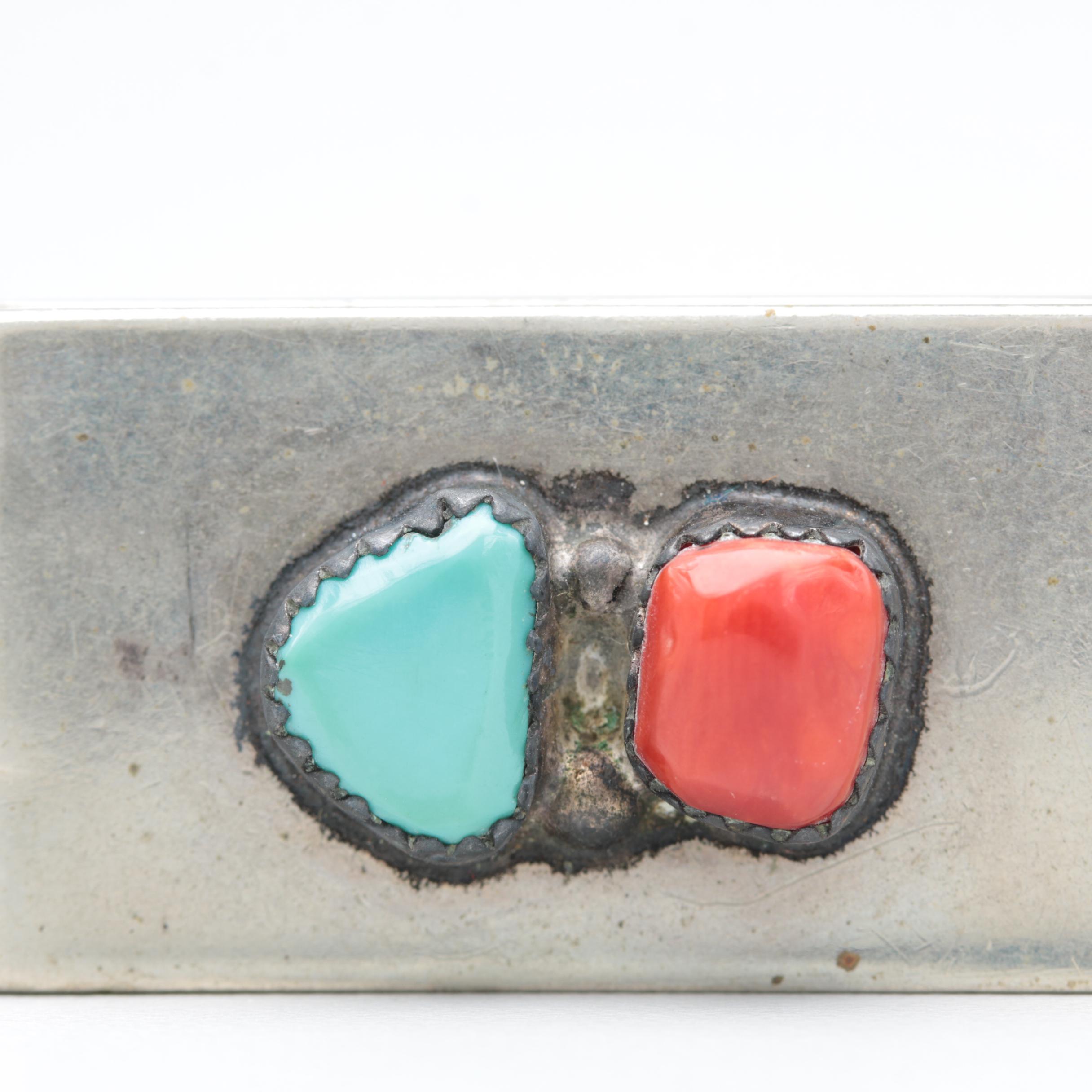 Sterling Silver Ring, Silver Tone Money Clip with Turquoise and Coral