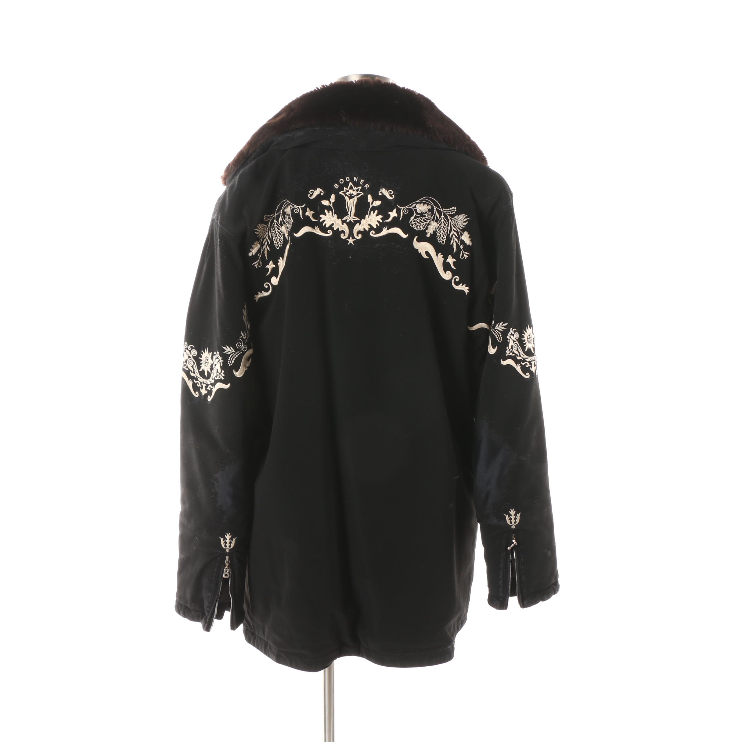 Women's Bogner Techno-Velvet Embroidered Ski Jacket with Faux Fur Collar