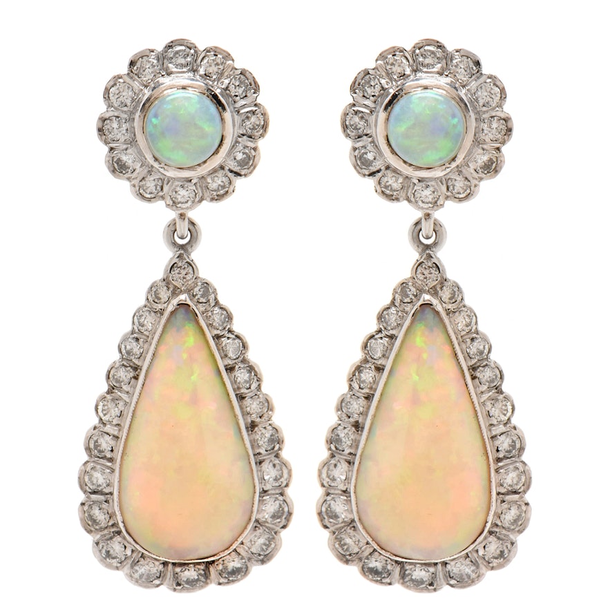 18K White Gold Opal and 2.55 CTW Diamond Teardrop Earrings with 14K White Gold