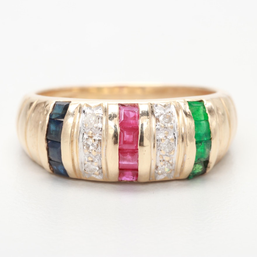 14K Yellow Gold Blue Sapphire, Ruby, Emerald and Diamond Ring
