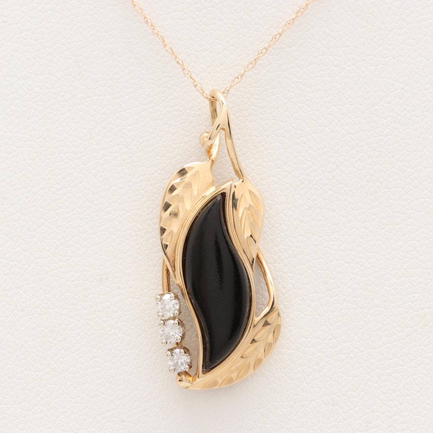 14K Yellow Gold Black Coral and Diamond Necklace