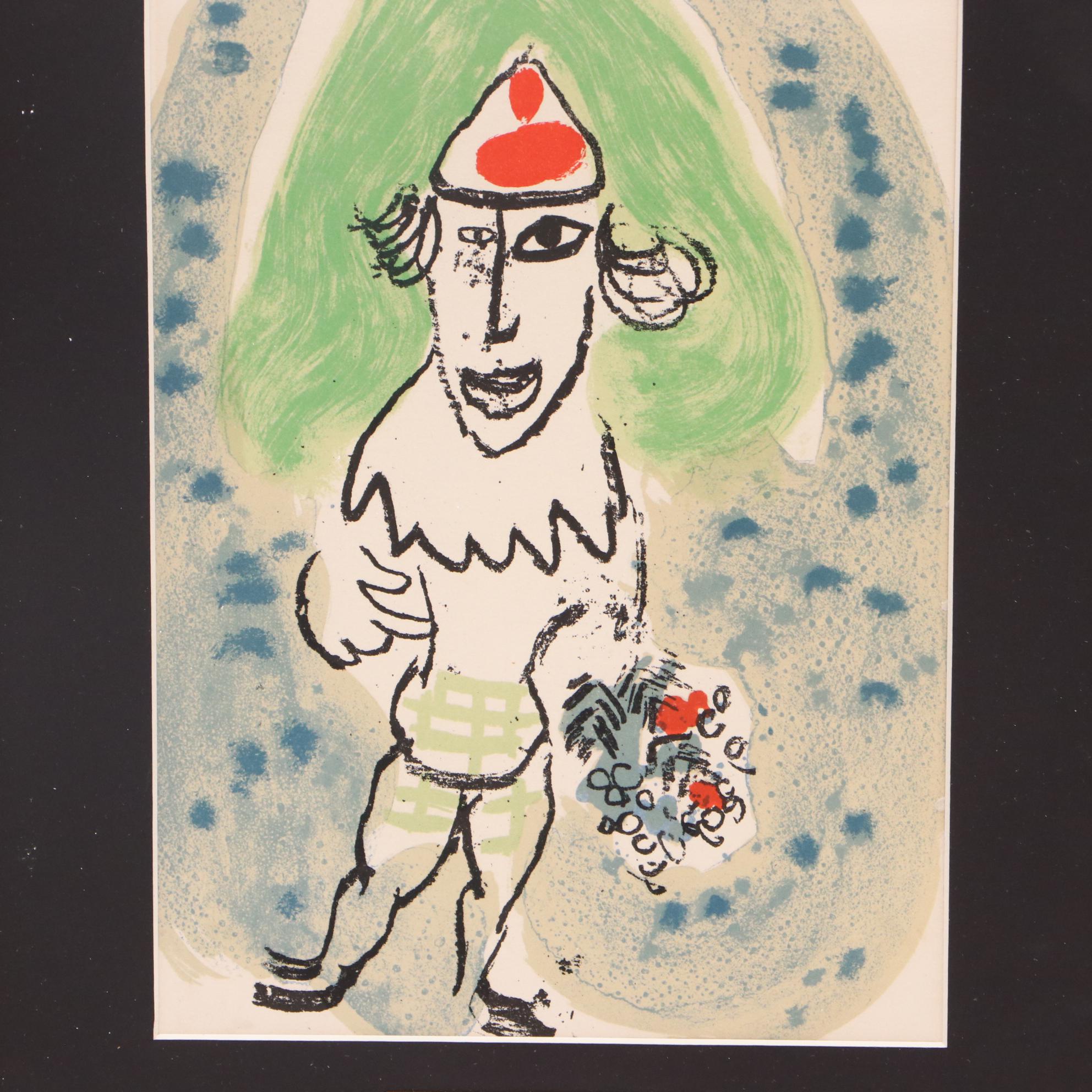 Marc Chagall 1966 Lithograph "Le Clown Vert avec Bouquet de Fleurs"
