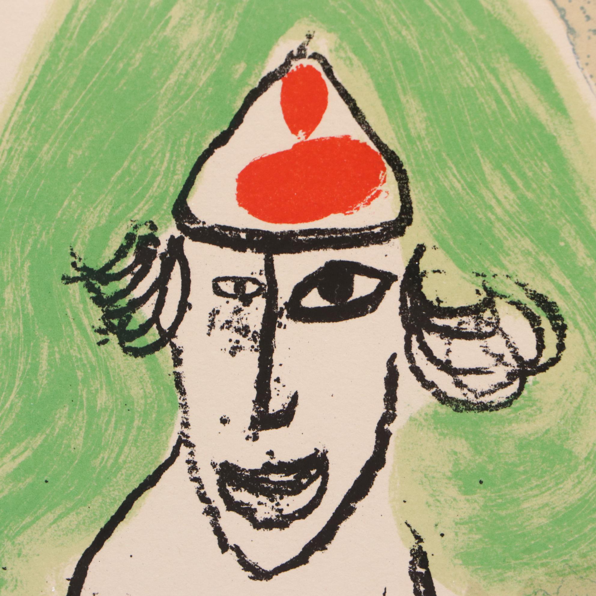 Marc Chagall 1966 Lithograph "Le Clown Vert avec Bouquet de Fleurs"