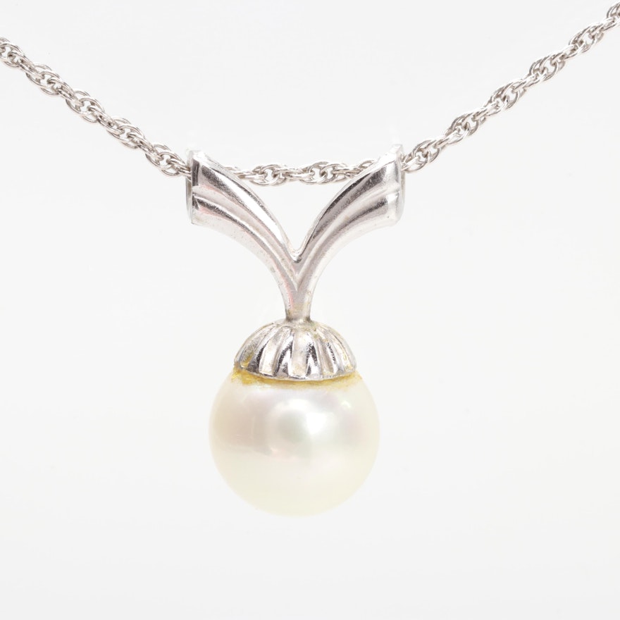 14K and 10K White Gold Cultured Pearl Pendant Necklace