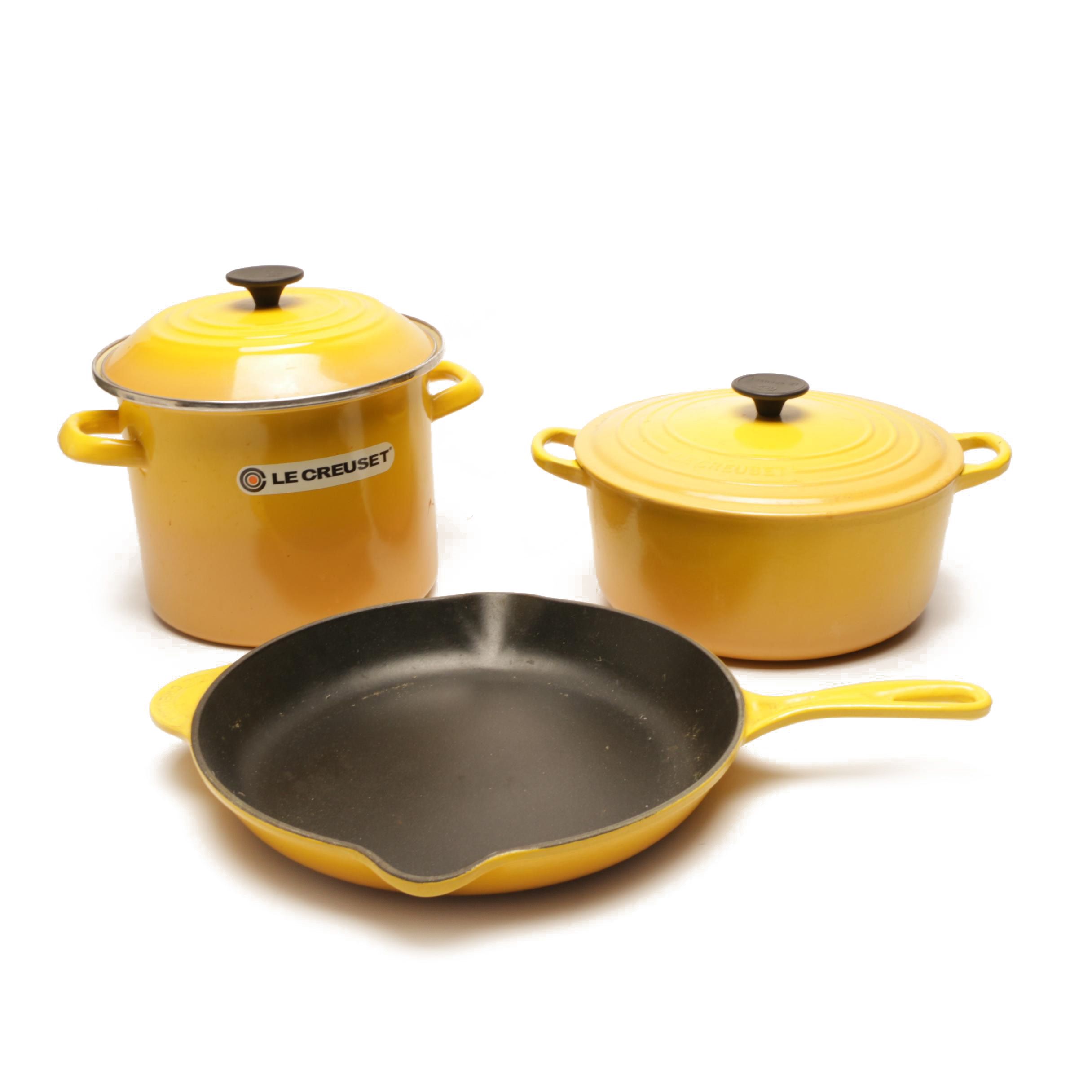 Le Creuset Yellow Enameled Cast Iron Stock Pot, Dutch Oven and Fry Pan