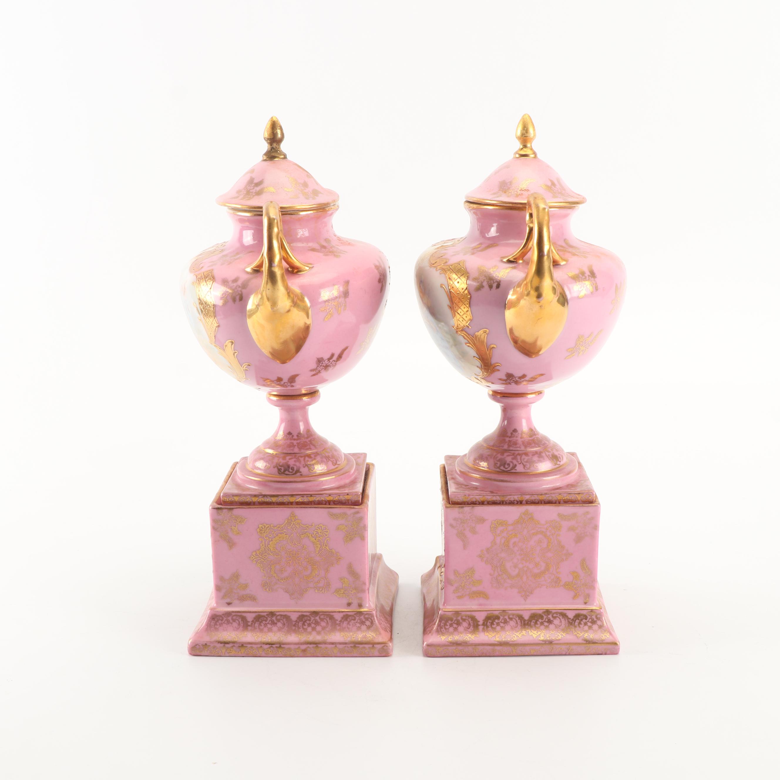 Ackermann and Fritze Royal Vienna Style Porcelain Mantel Urns, Mid-19th Century