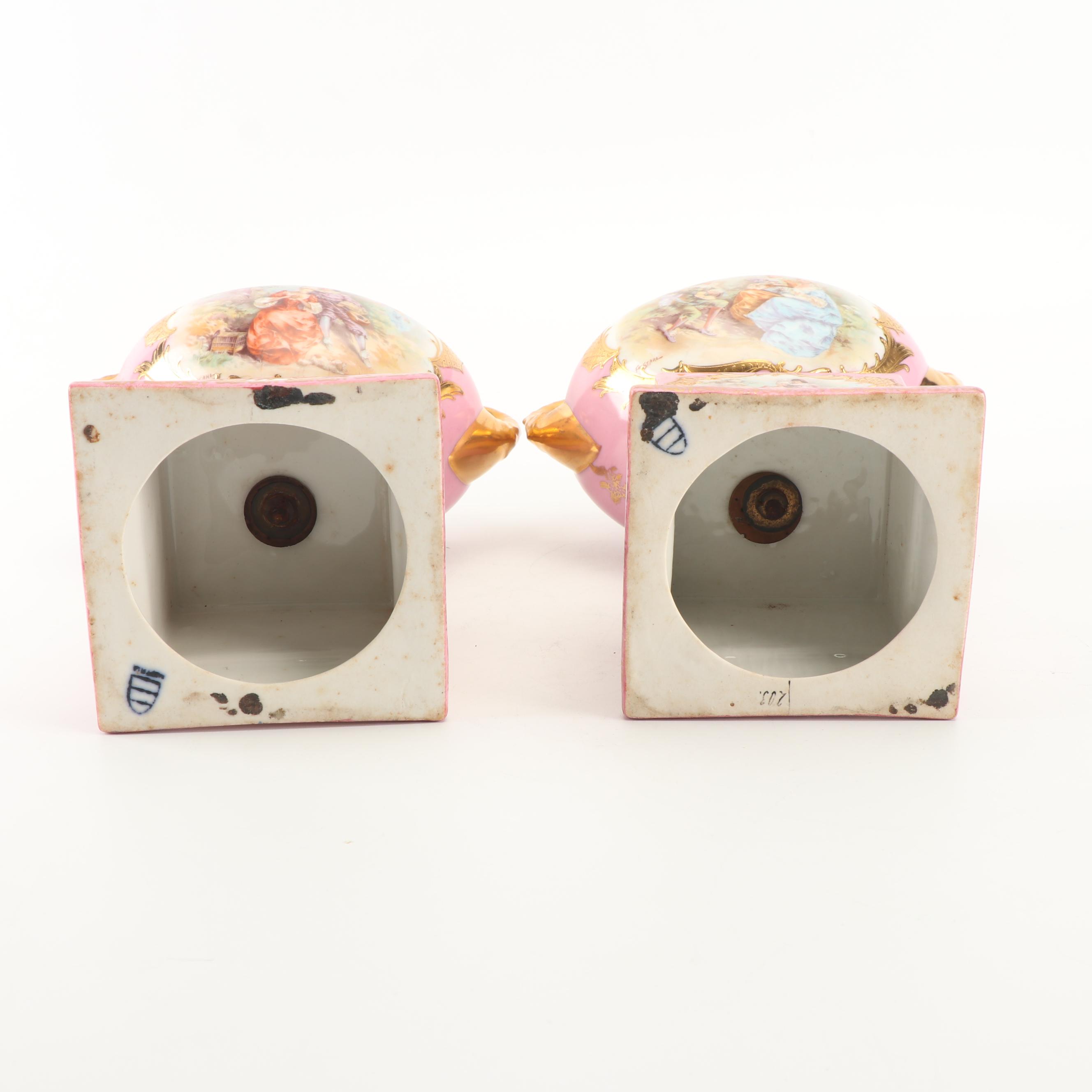 Ackermann and Fritze Royal Vienna Style Porcelain Mantel Urns, Mid-19th Century