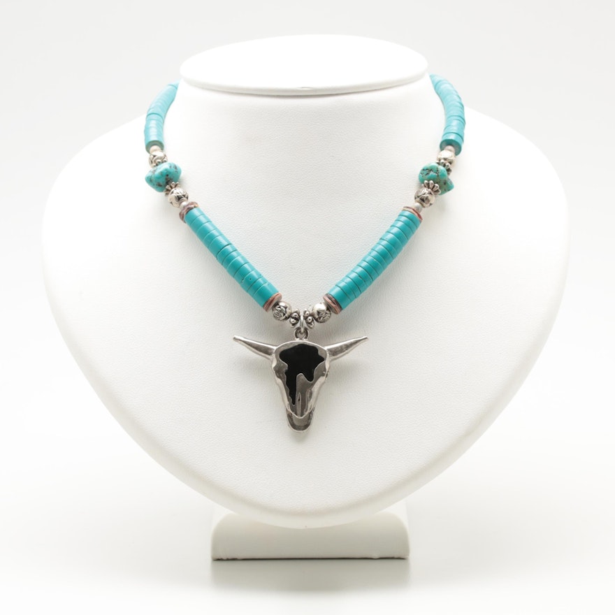 Silver Tone Turquoise, Imitation Turquoise and Enamel Steer Skull Motif Necklace