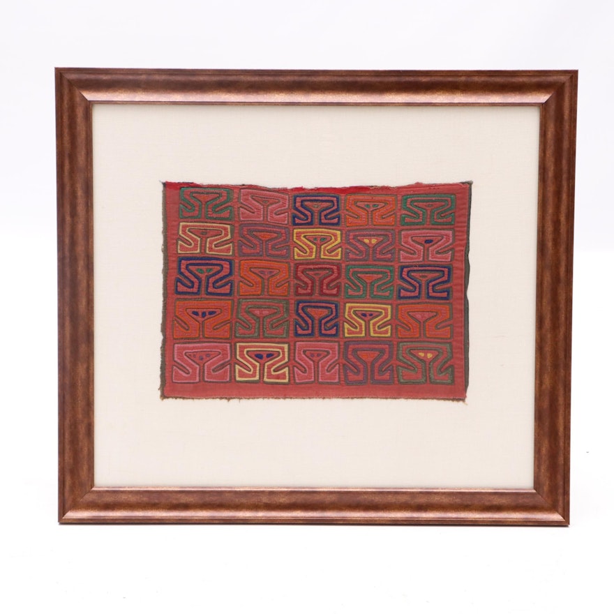 Framed Kuna Mola Textile Panel with Geometric Pattern