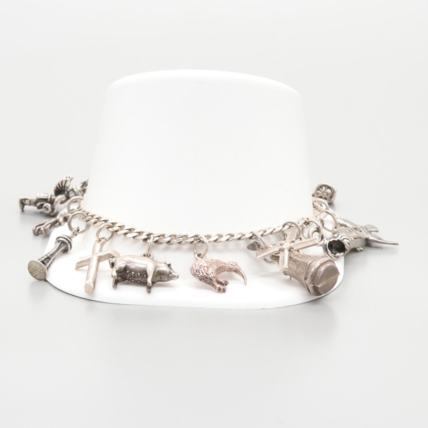Sterling Silver Charm Bracelet with Nature and Travel Theme