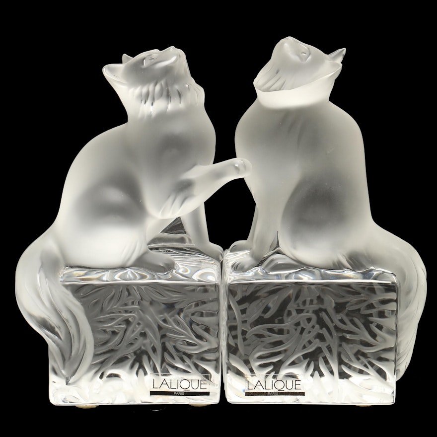 Lalique Crystal "Dendour" and "Doucette" Cat Paperweights