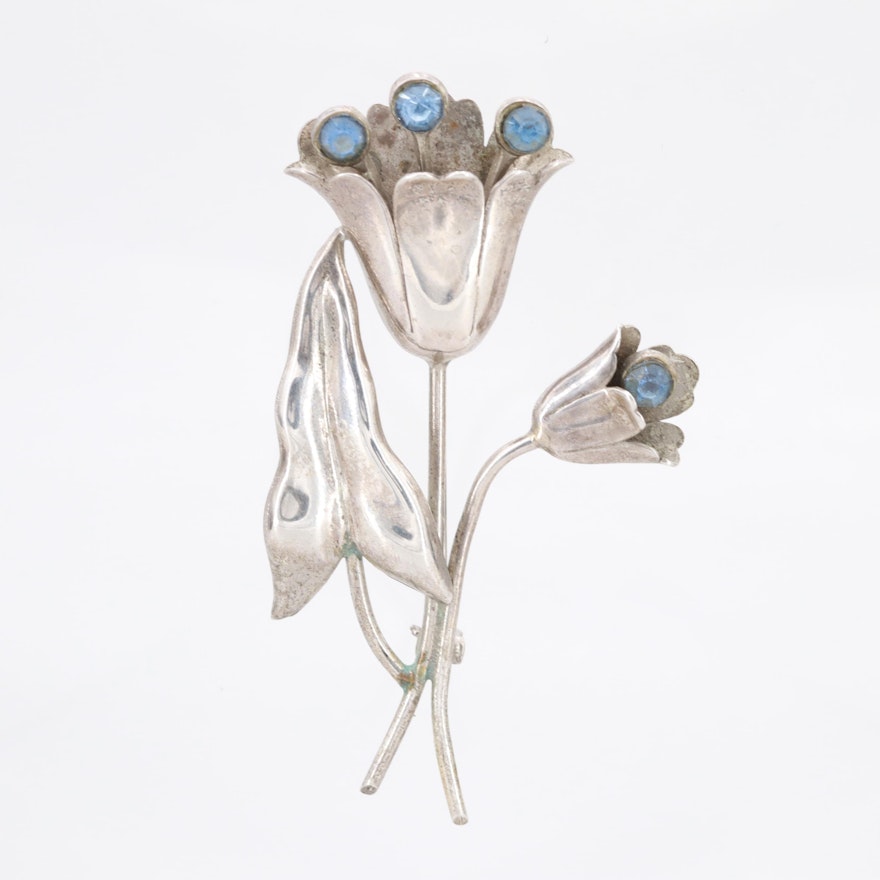 Crown Trifari Sterling Silver Brooch with Glass Accents