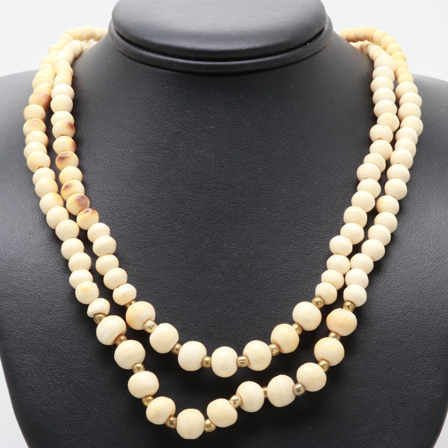 Beaded Bone Necklace with Gold Tone Spacer Beads Made in India