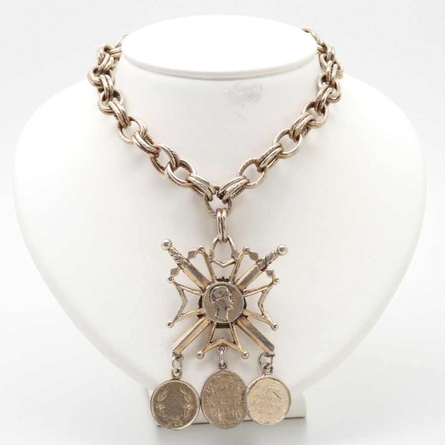 Silver Tone Medallion Statement Necklace with Charms