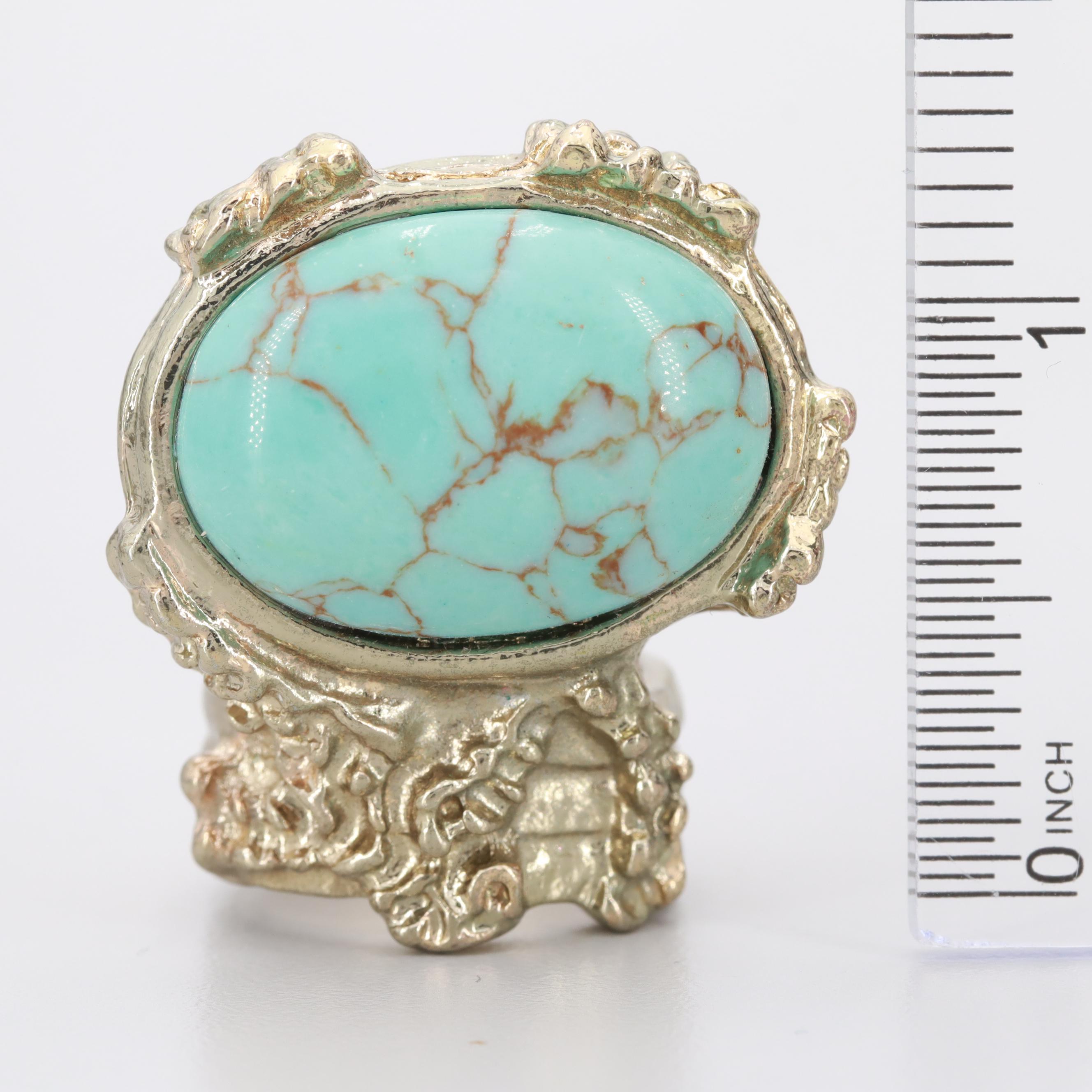 Vintage Yves Saint Laurent Silver Tone Imitation Turquoise Cocktail Ring