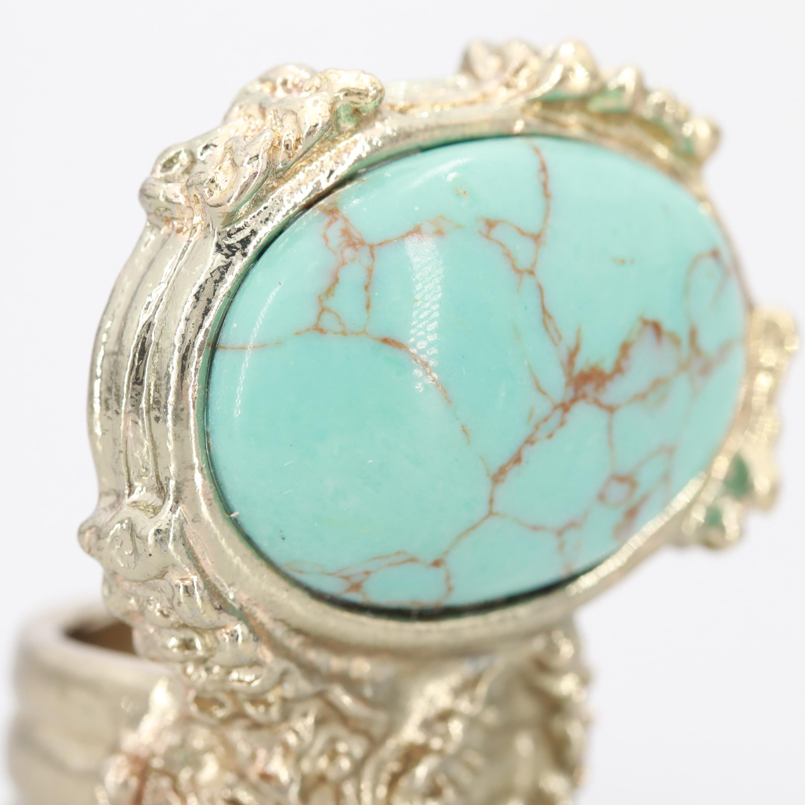 Vintage Yves Saint Laurent Silver Tone Imitation Turquoise Cocktail Ring