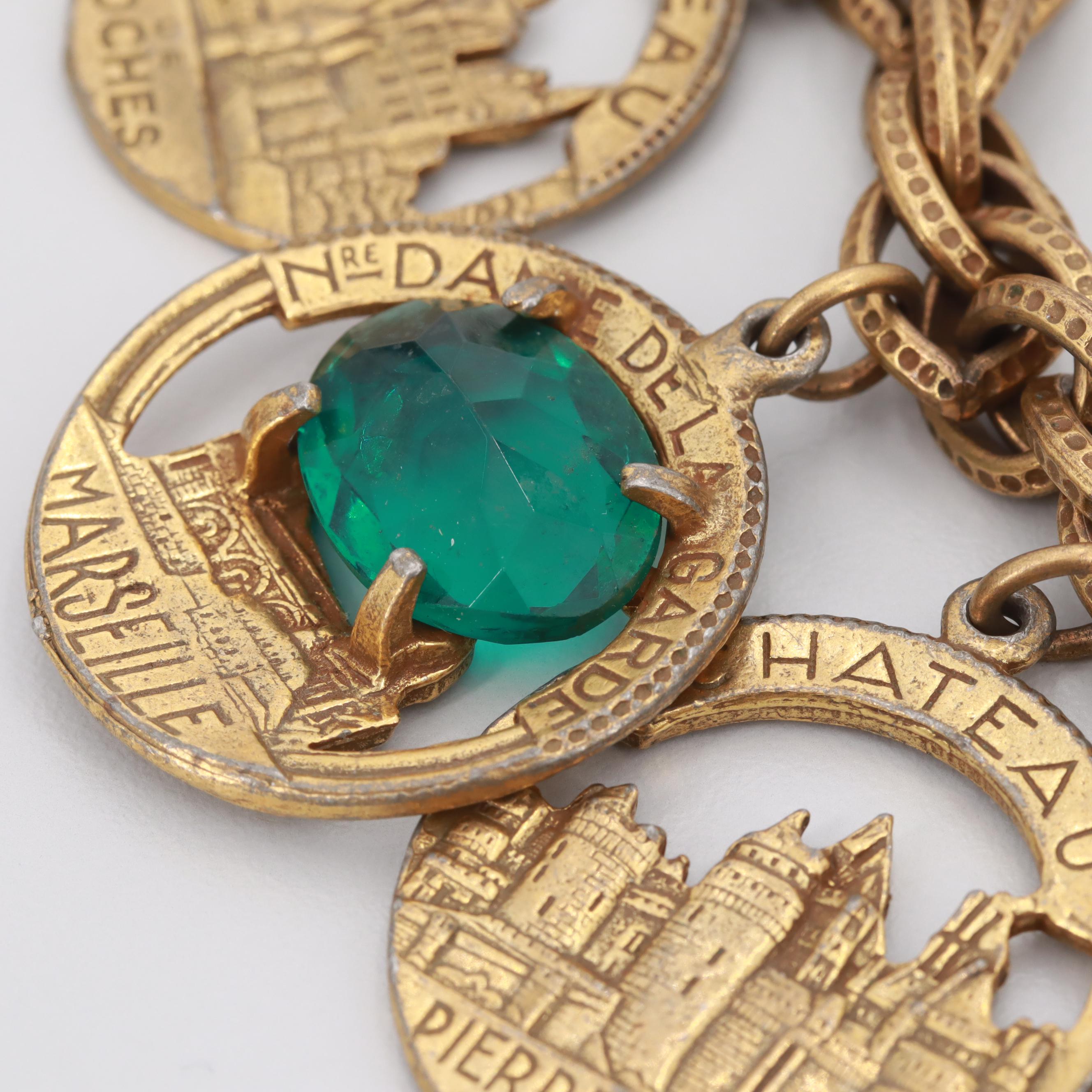 Vintage Rhinestone French Travel Charm Bracelet