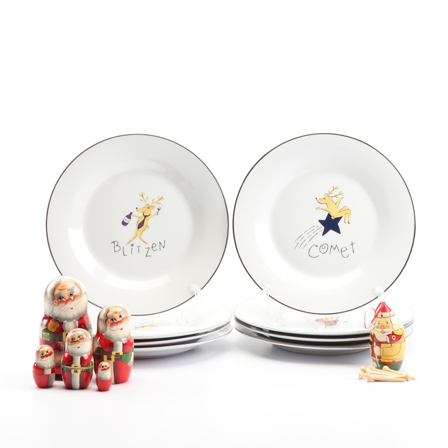 Pottery Barn "Reindeer" Plates, Hand-Painted Santa Nesting Boxes and Ornament