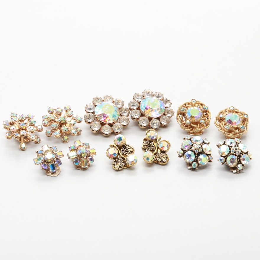 Collection of 1960s Iridescent Rhinestone Earrings Including Weiss, Kramer