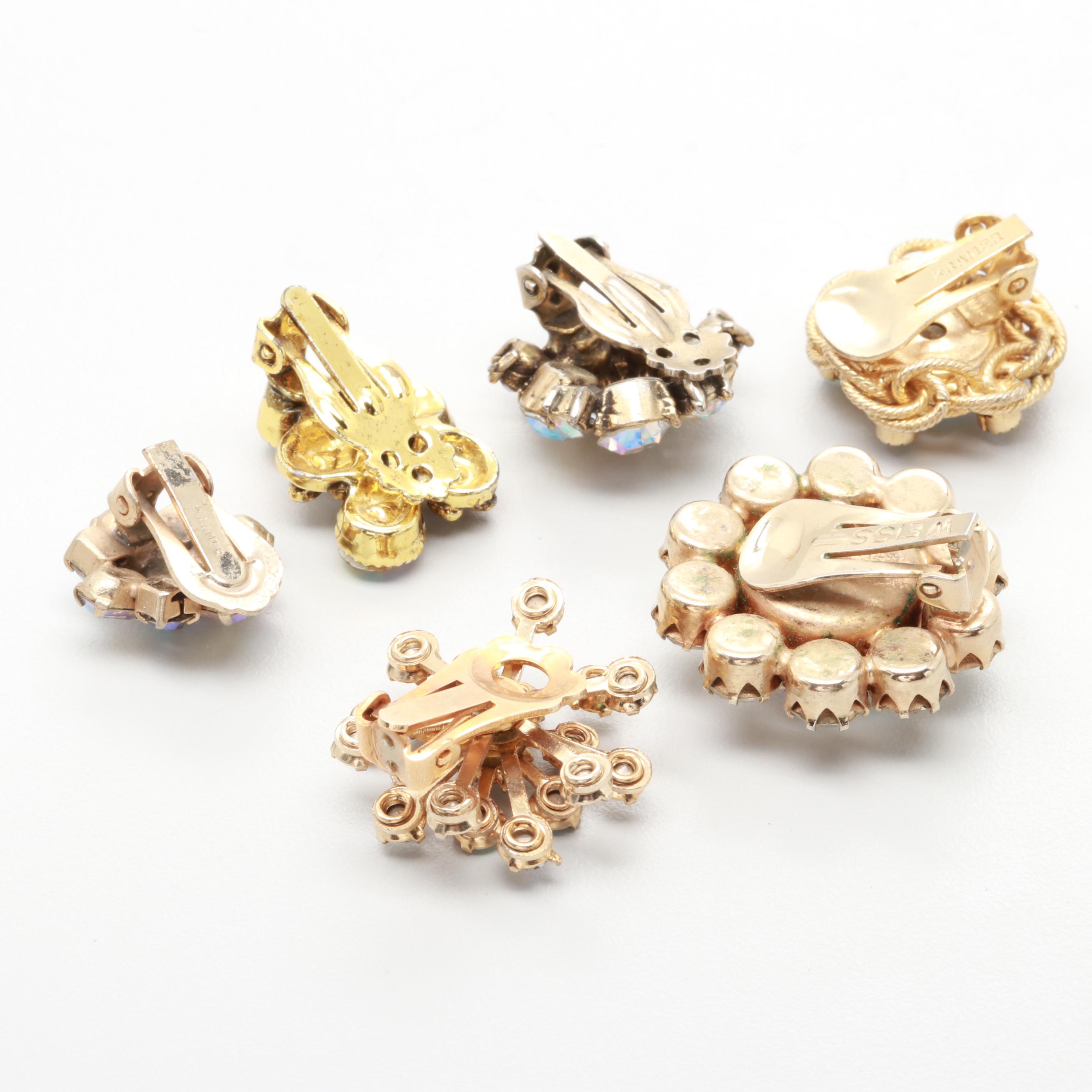 Collection of 1960s Iridescent Rhinestone Earrings Including Weiss, Kramer
