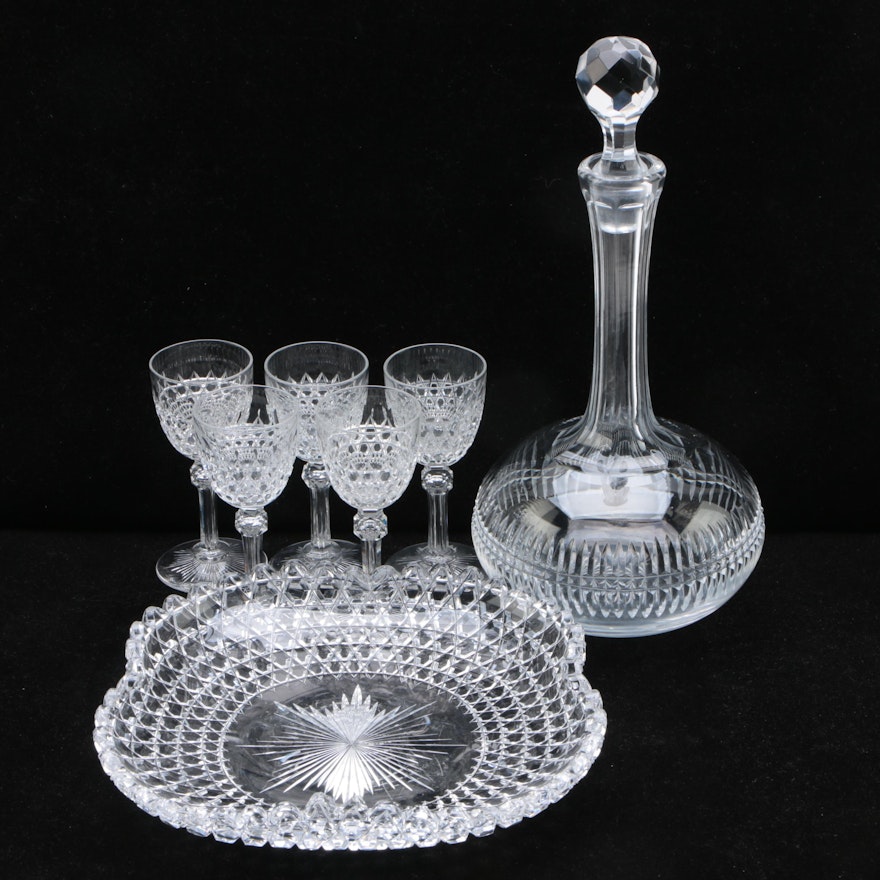 Baccarat Lagny Clear Cut Crystal Decanter and Aperitif Glasses with Plate