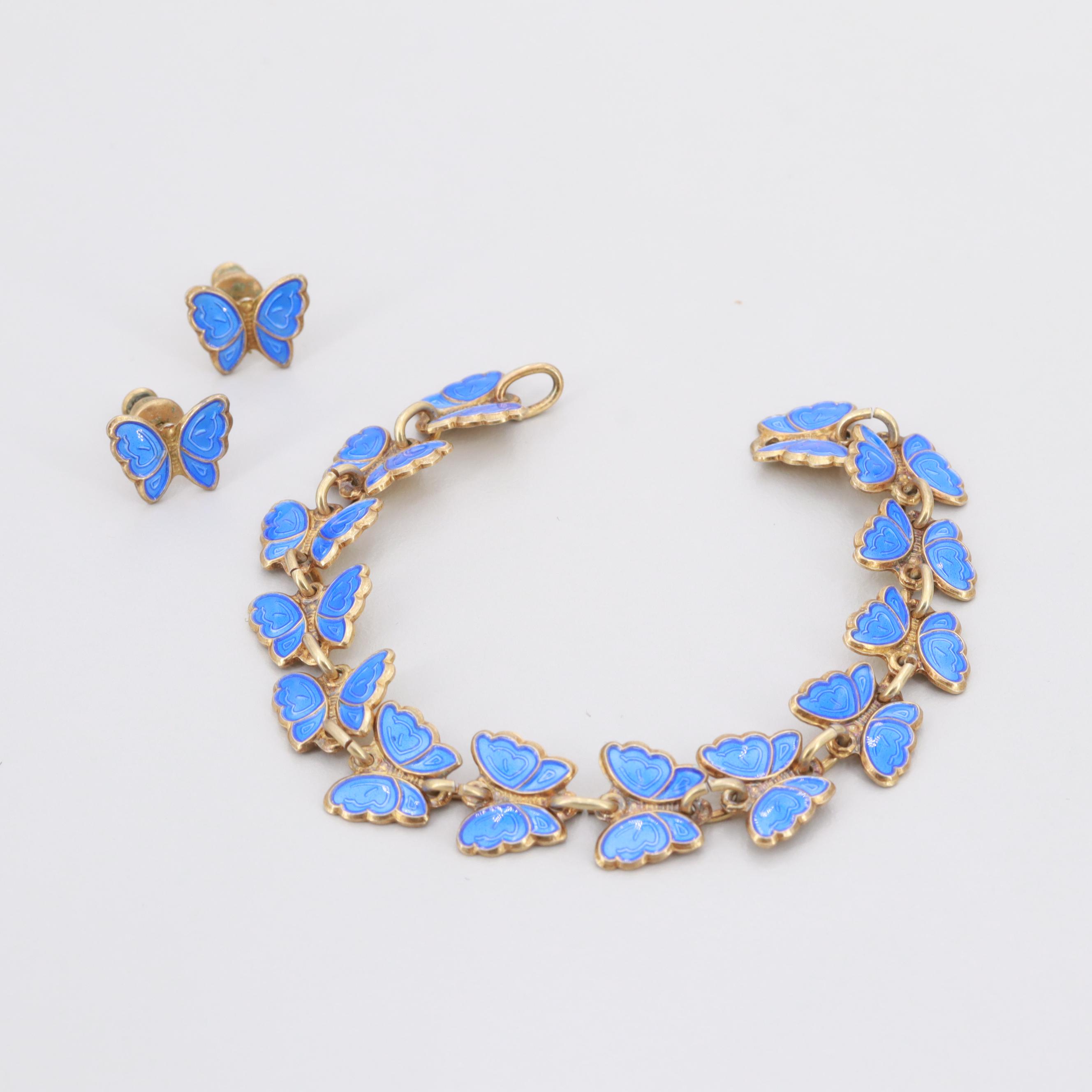 Mid Century Opro Norwegian Sterling Silver and Blue Enamel Bracelet and Earrings