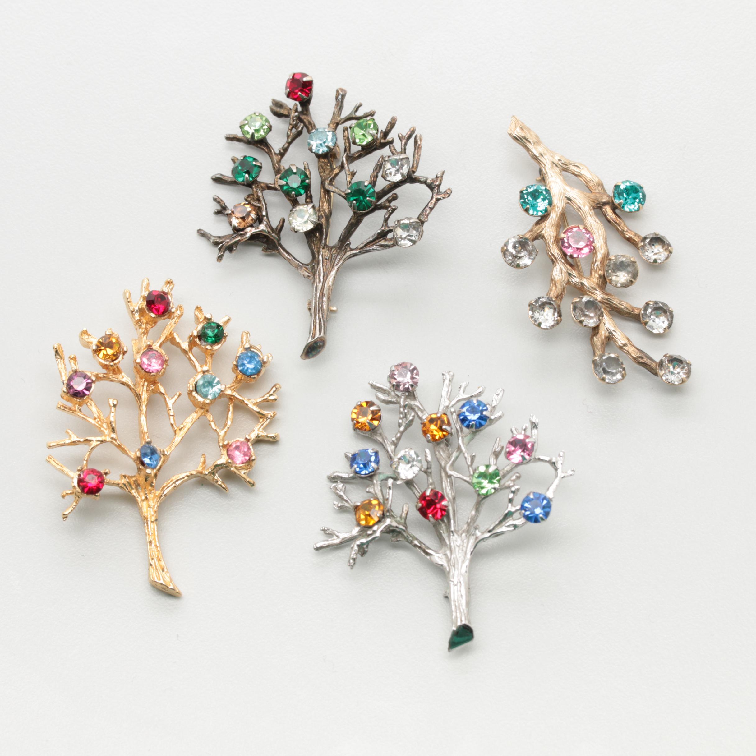 Collection of Vintage Brutalist Rhinestone Tree Brooches Including Van Dell, DE