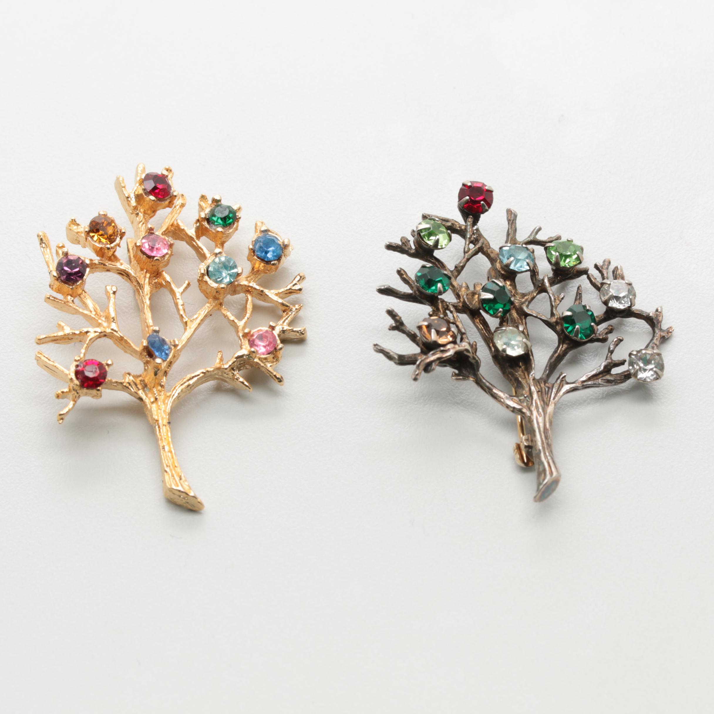 Collection of Vintage Brutalist Rhinestone Tree Brooches Including Van Dell, DE