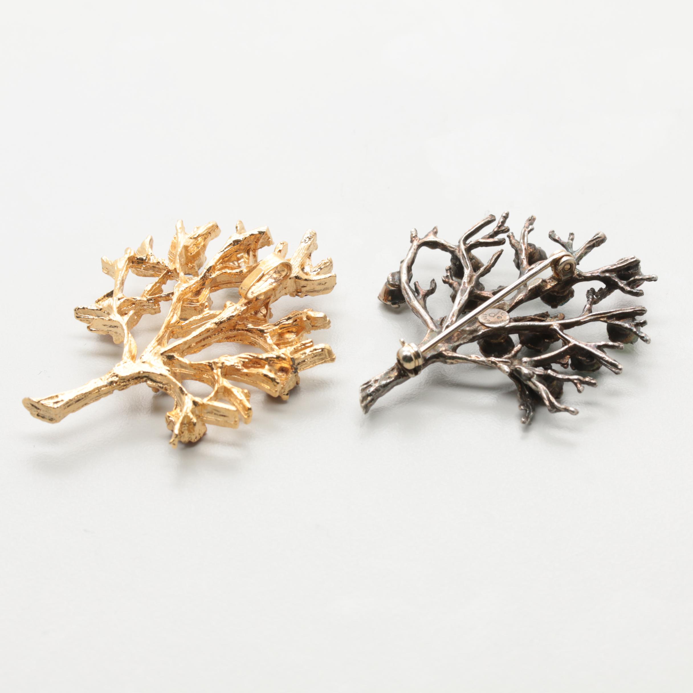 Collection of Vintage Brutalist Rhinestone Tree Brooches Including Van Dell, DE