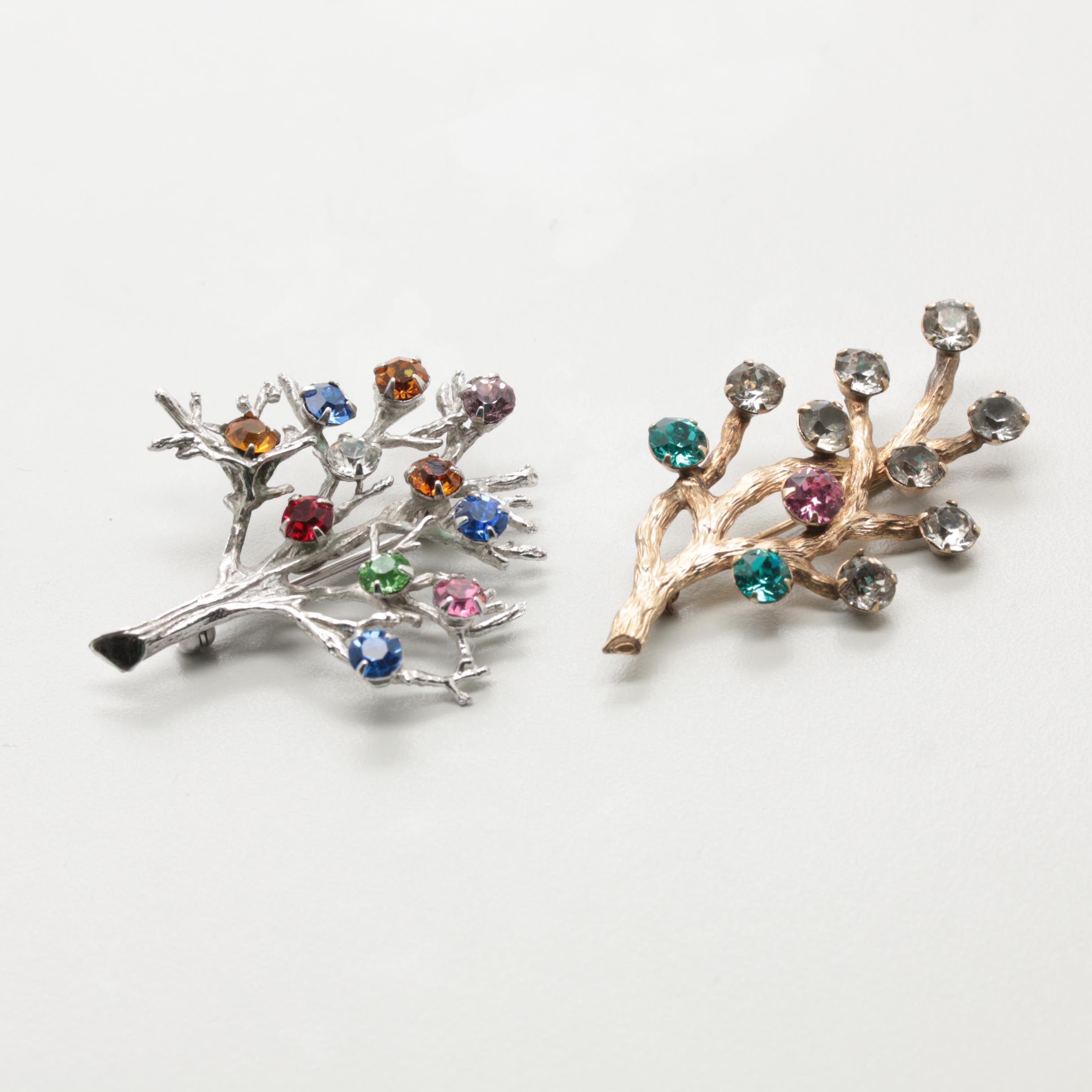 Collection of Vintage Brutalist Rhinestone Tree Brooches Including Van Dell, DE
