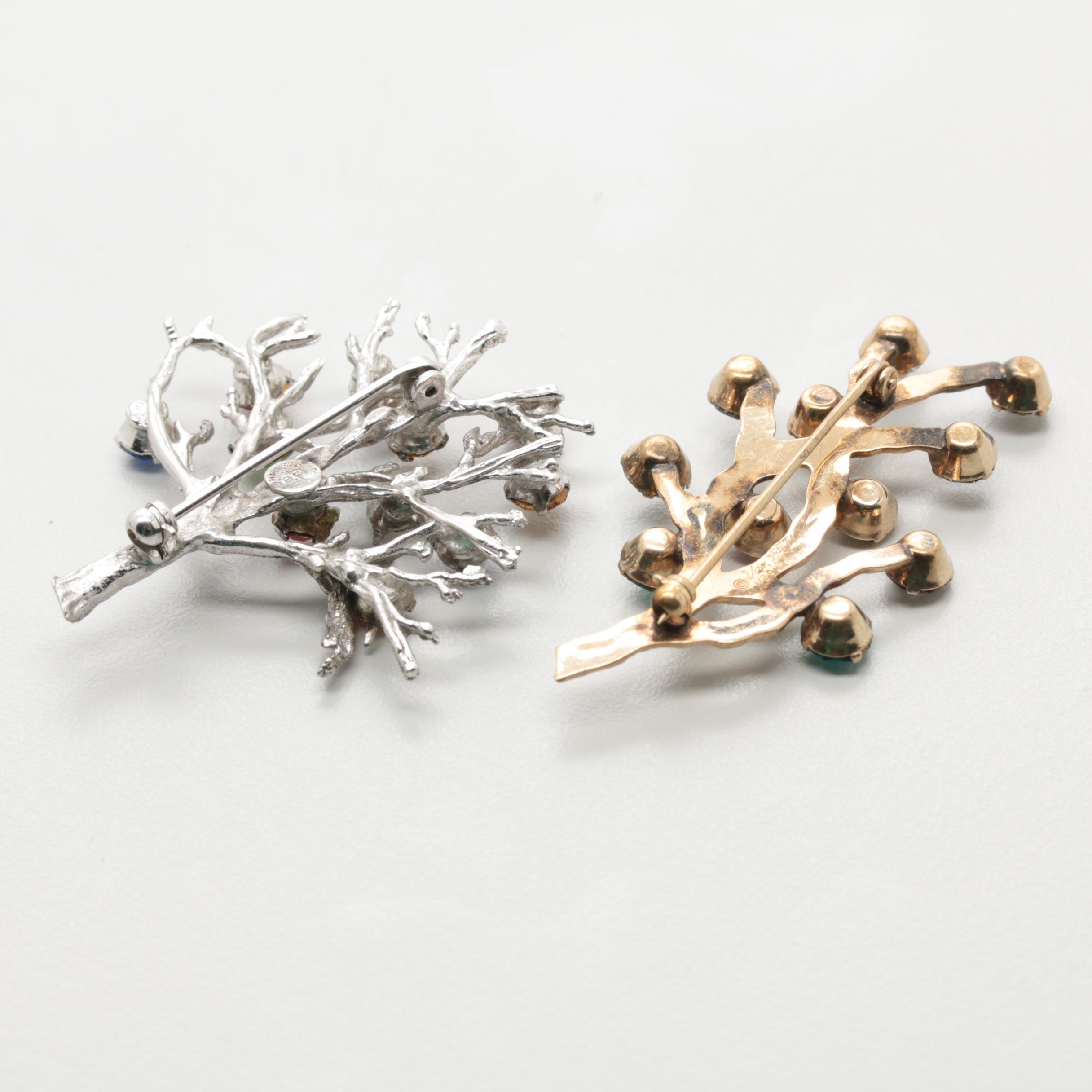 Collection of Vintage Brutalist Rhinestone Tree Brooches Including Van Dell, DE