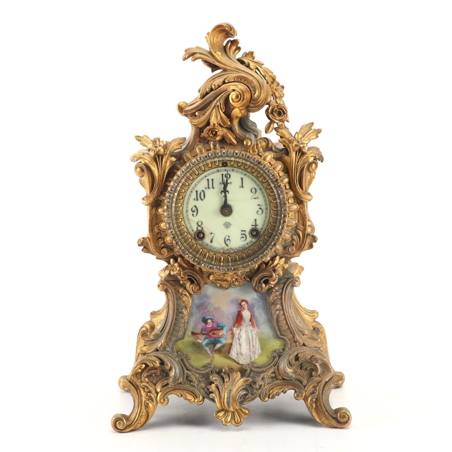 Ansonia “Trianon” Bronze Clad and Hand-Painted Porcelain Mantel Clock, 1900s