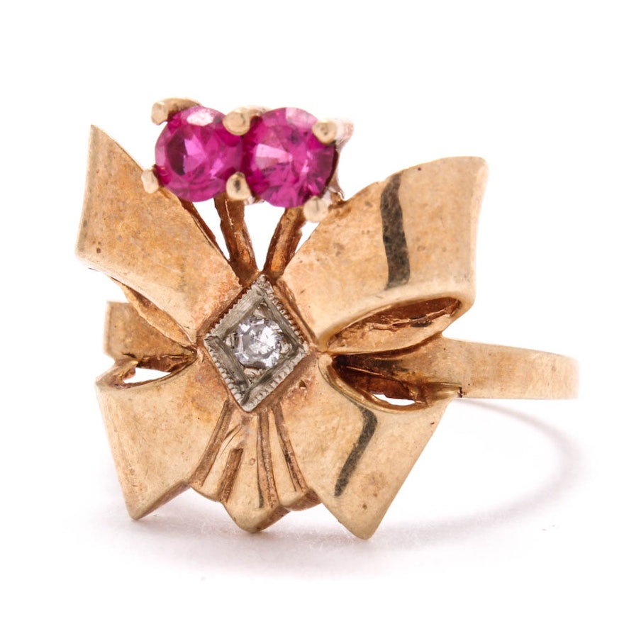 Art Deco 10K Yellow Gold Diamond and Synthetic Ruby Ring