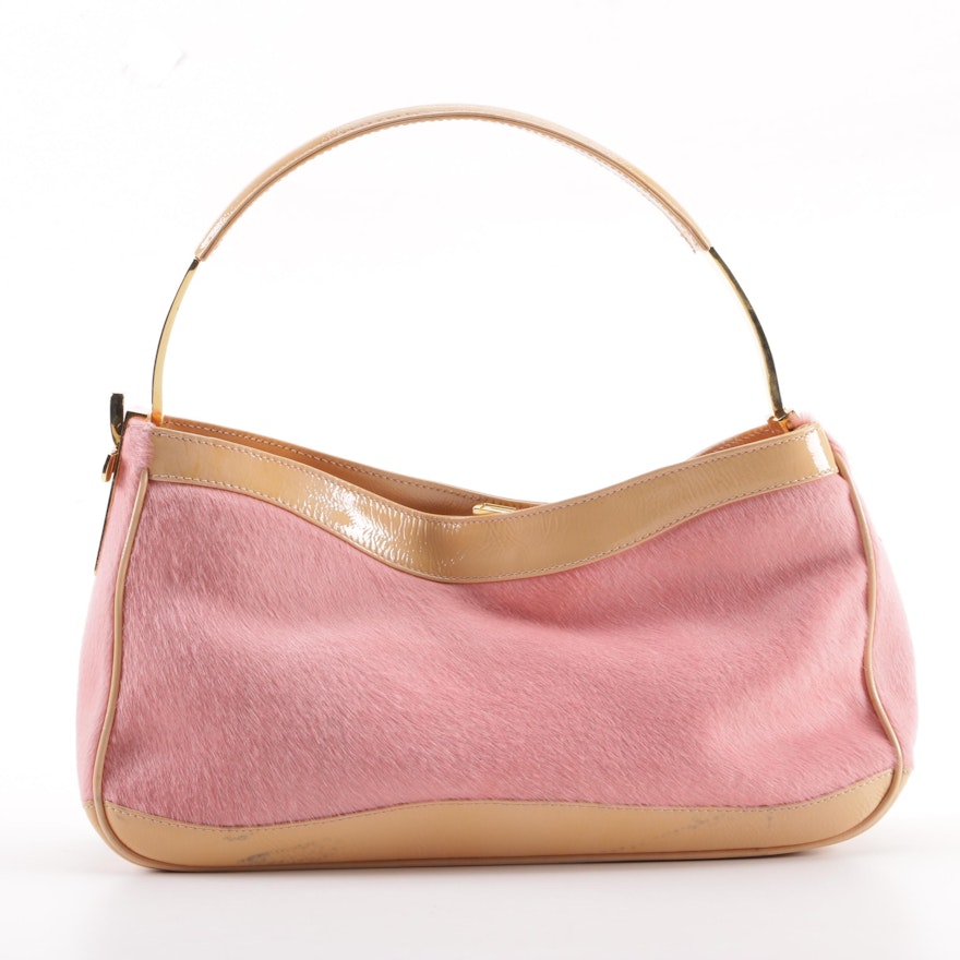 Gianni Versace Pink Pony Hair and Tan Patent Leather Purse