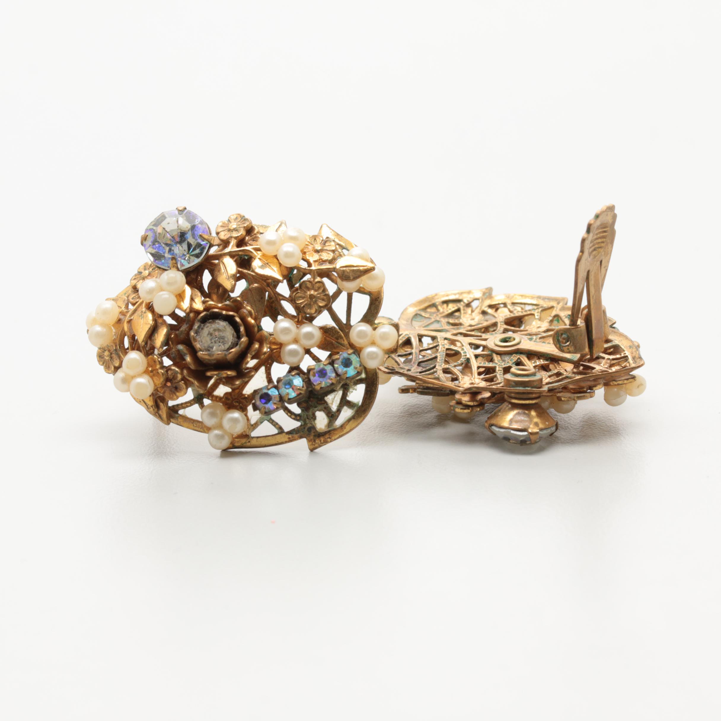 Collection of 1960s Beaded Rhinestone Earrings Including Hobé and Laguna