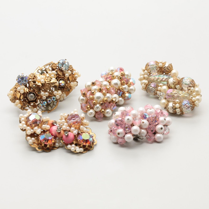 Collection of 1960s Beaded Rhinestone Earrings Including Hobé and Laguna