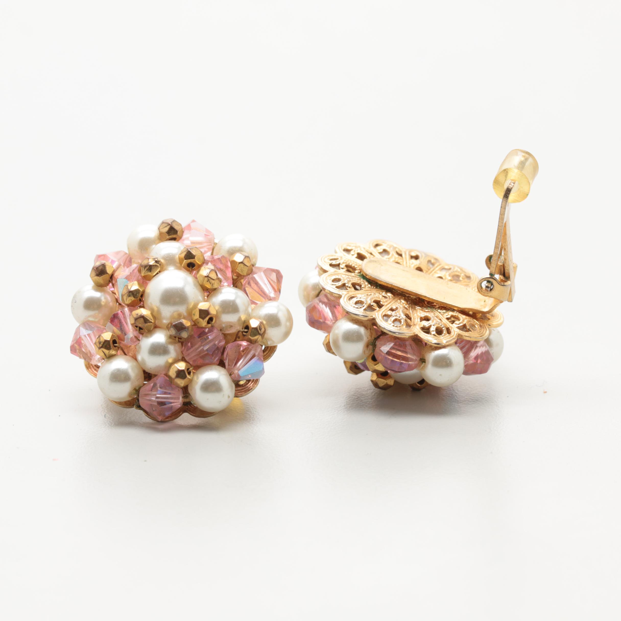 Collection of 1960s Beaded Rhinestone Earrings Including Hobé and Laguna