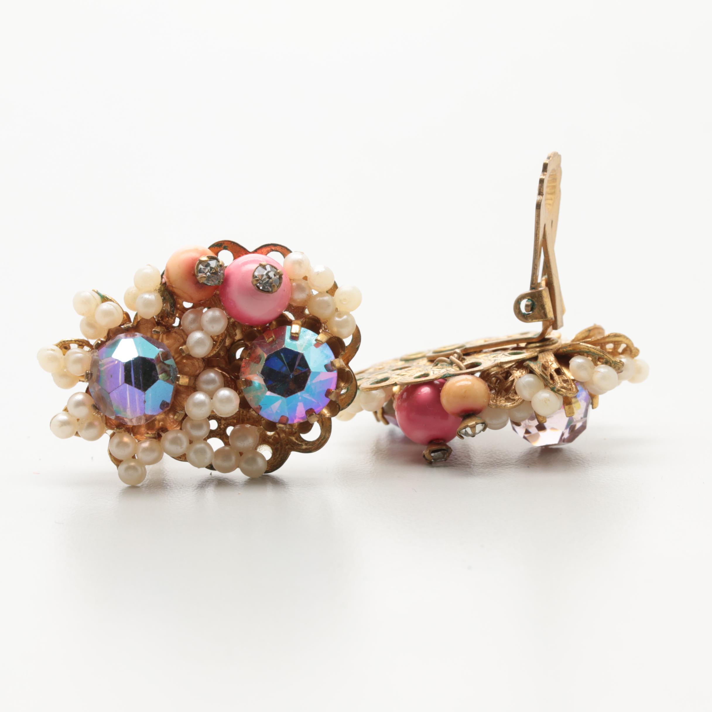 Collection of 1960s Beaded Rhinestone Earrings Including Hobé and Laguna