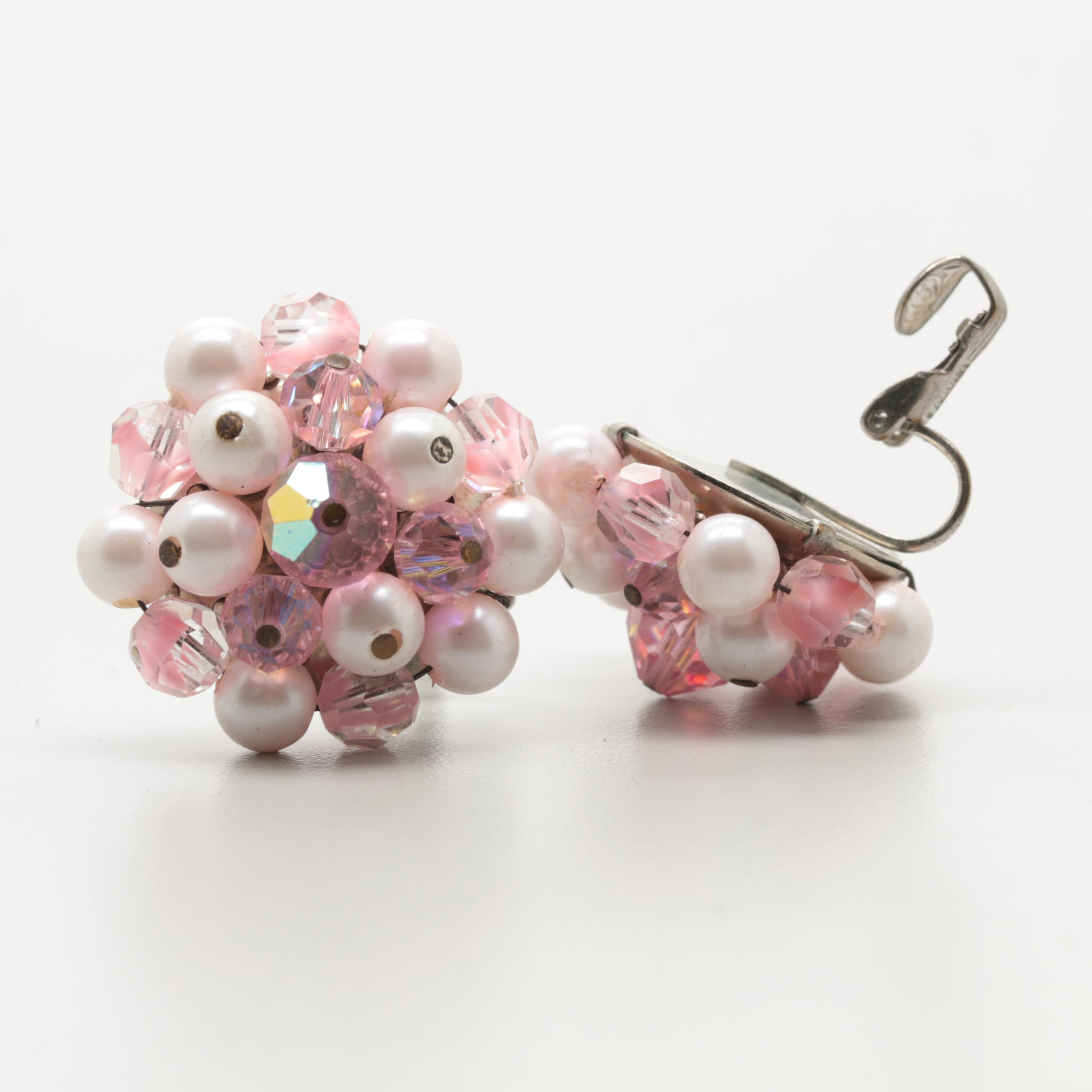 Collection of 1960s Beaded Rhinestone Earrings Including Hobé and Laguna