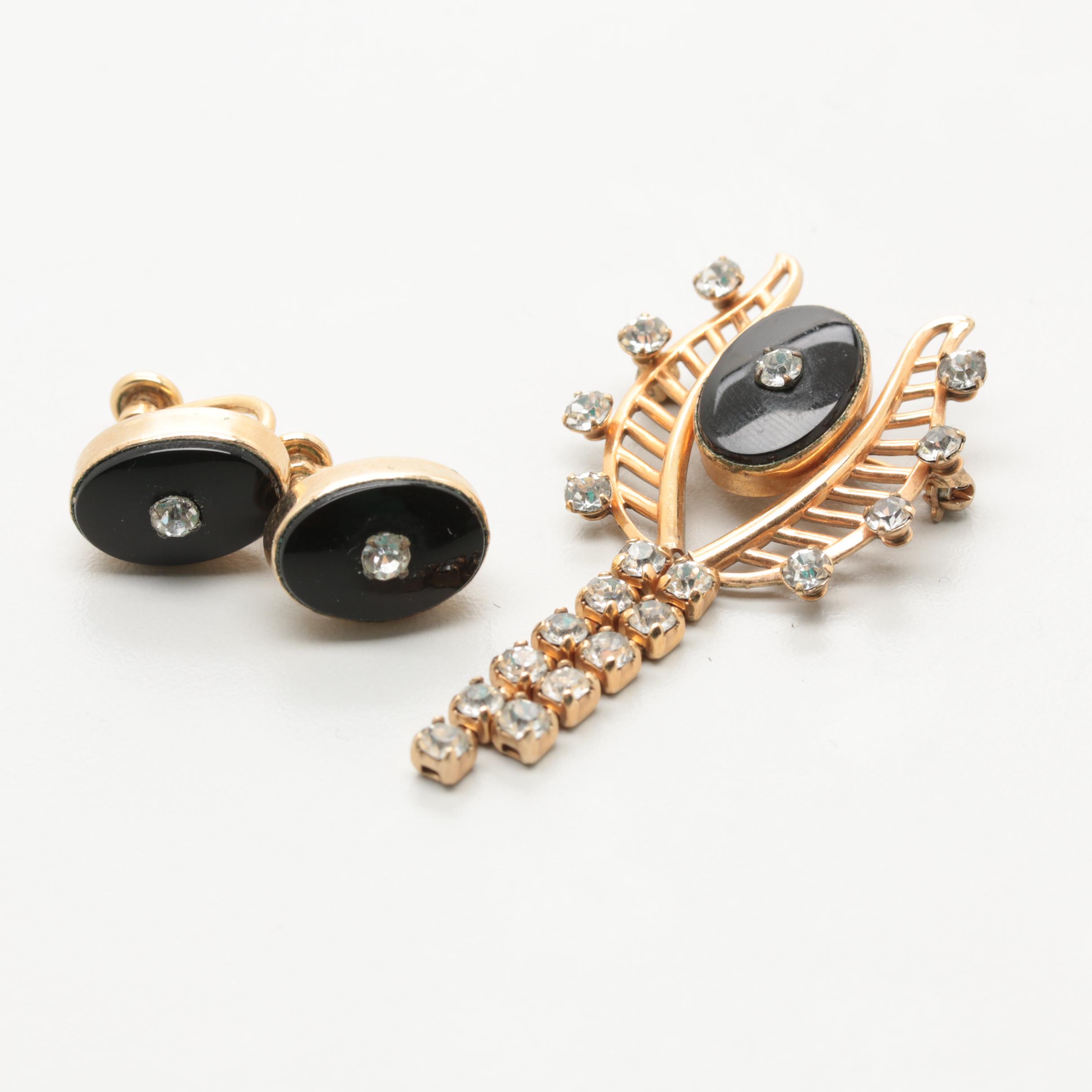 1940s Van Dell 12K Gold Filled Rhinestone Brooch and Earrings