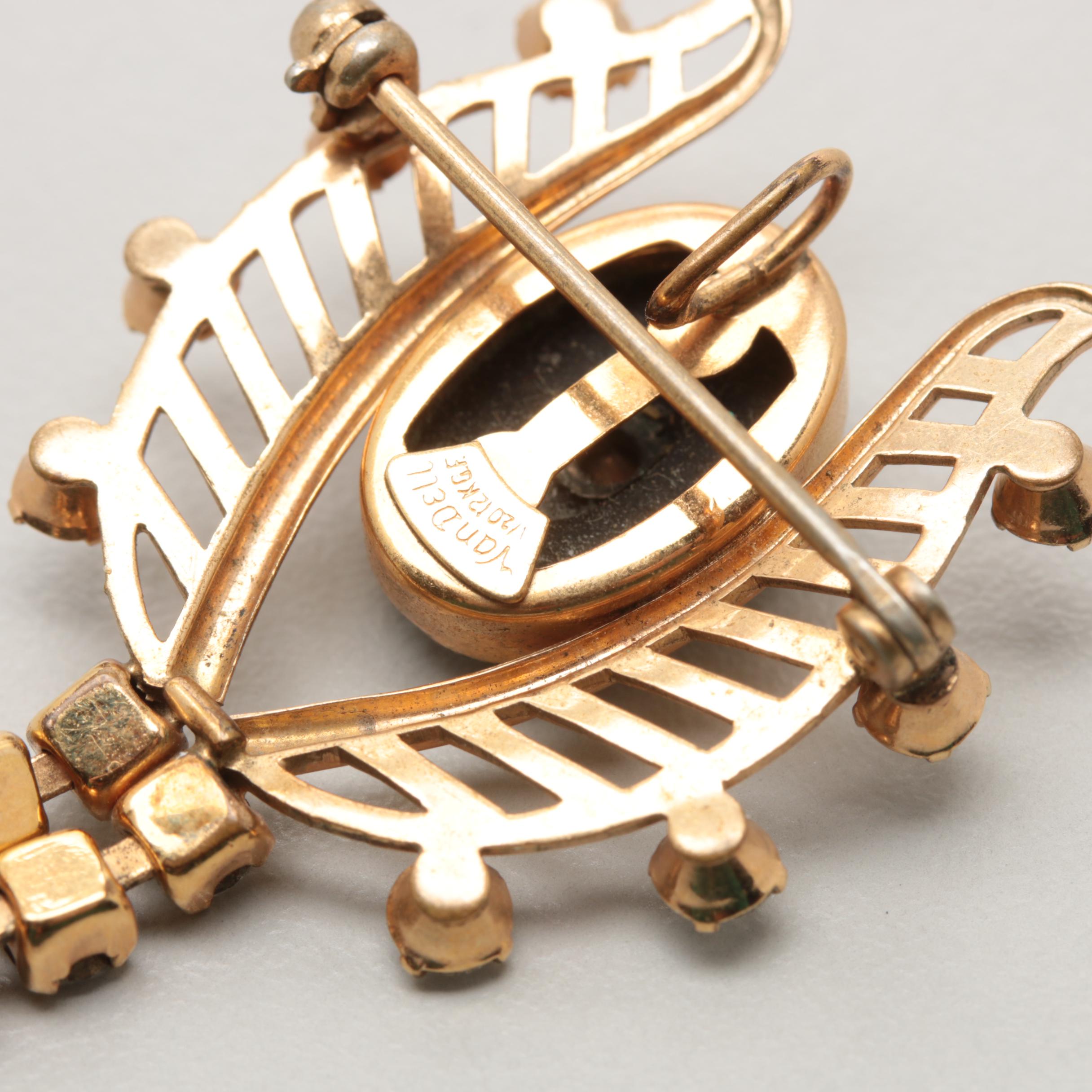 1940s Van Dell 12K Gold Filled Rhinestone Brooch and Earrings