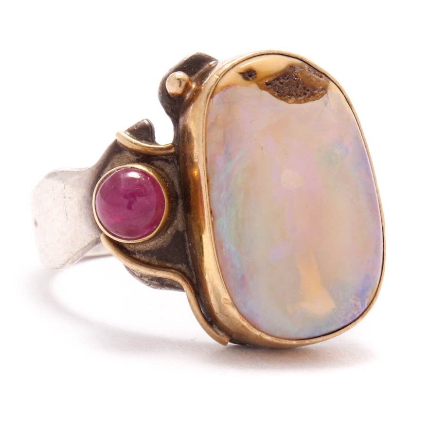 Shano 14K Yellow Gold and Sterling Silver Opal and Ruby Ring